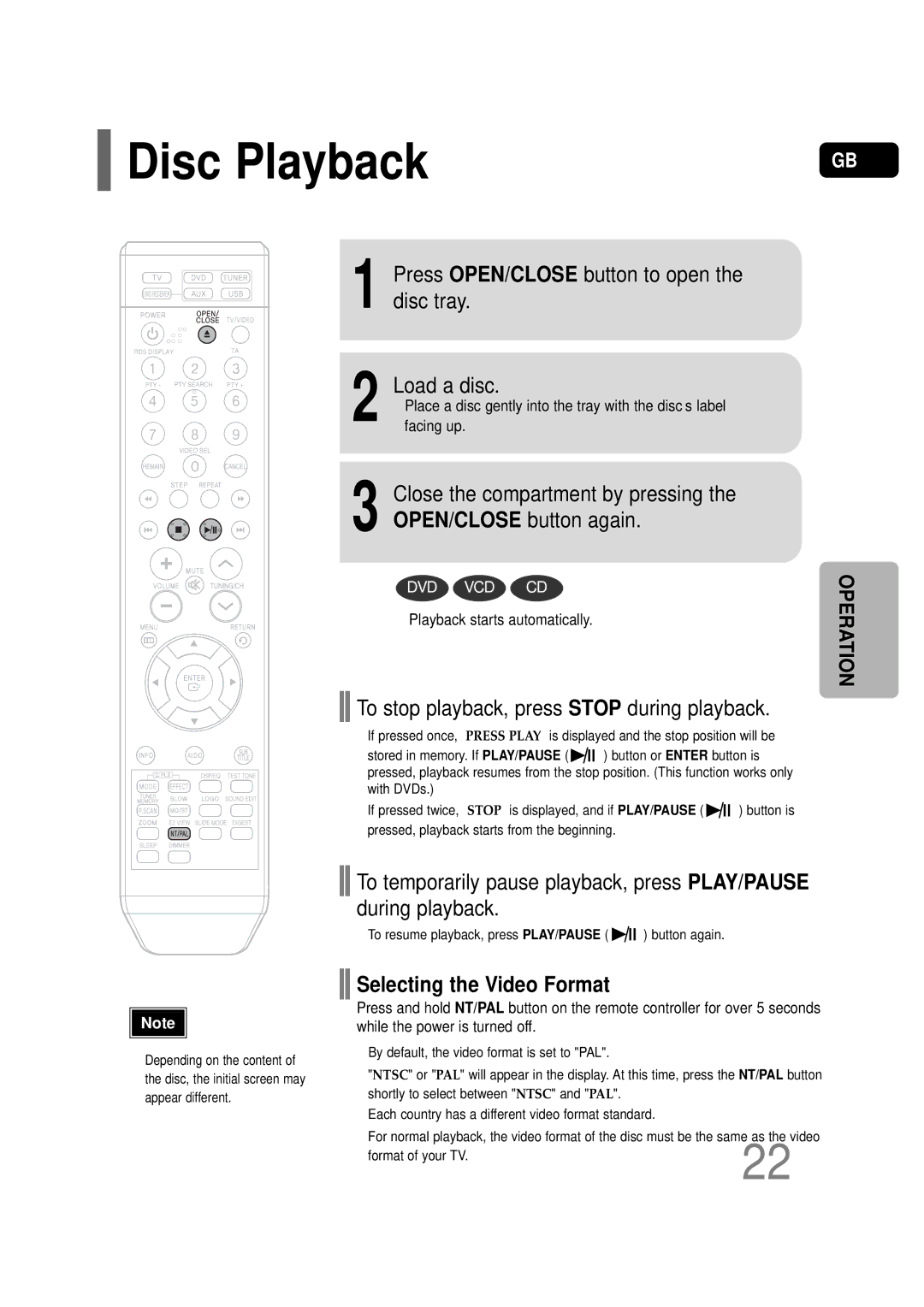 Samsung HT-TQ22R/XFO Disc Playback, Press OPEN/CLOSE button to open the disc tray Load a disc, Selecting the Video Format 