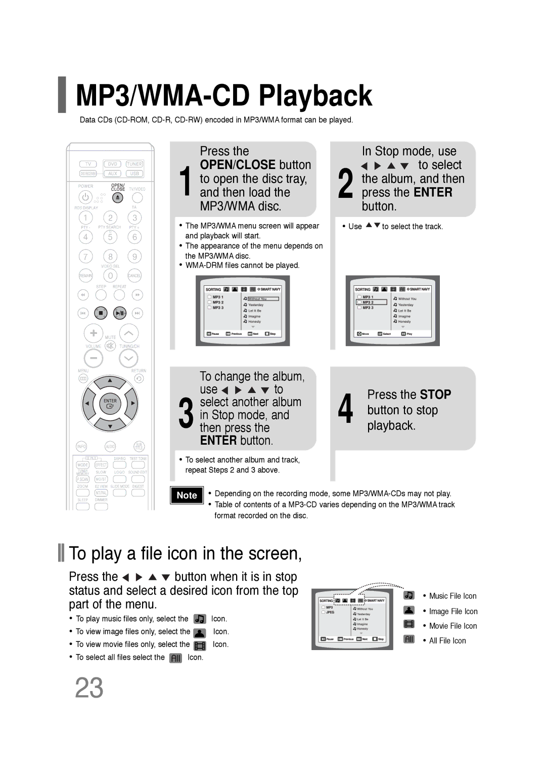 Samsung HT-TQ22R/XFU MP3/WMA-CD Playback, To play a file icon in the screen, To change the album Use to, Press the Stop 