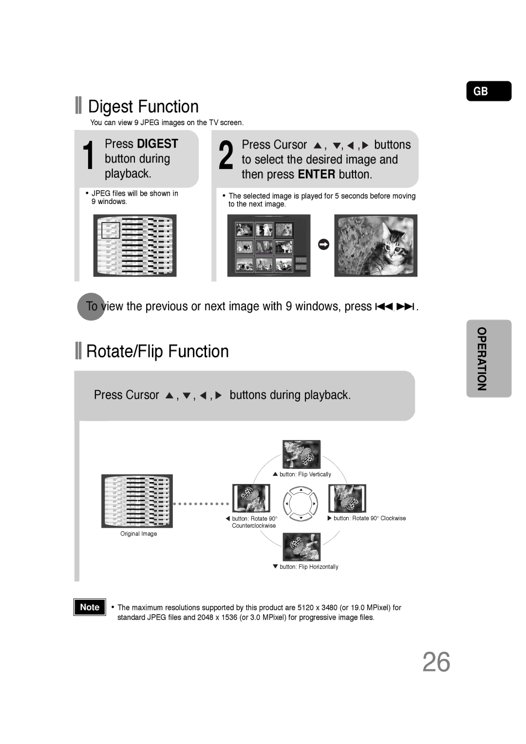 Samsung HT-TQ22R/XFO manual Digest Function, Rotate/Flip Function, Press Digest, Press Cursor , , , buttons during playback 