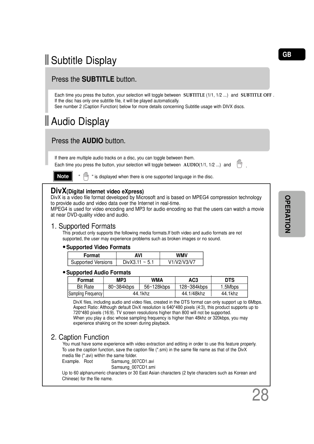 Samsung HT-Q20R/XFU, HT-TQ22R/XFU, HT-TQ25R/XFO, HT-TQ22R/XFO manual Subtitle Display, Audio Display 