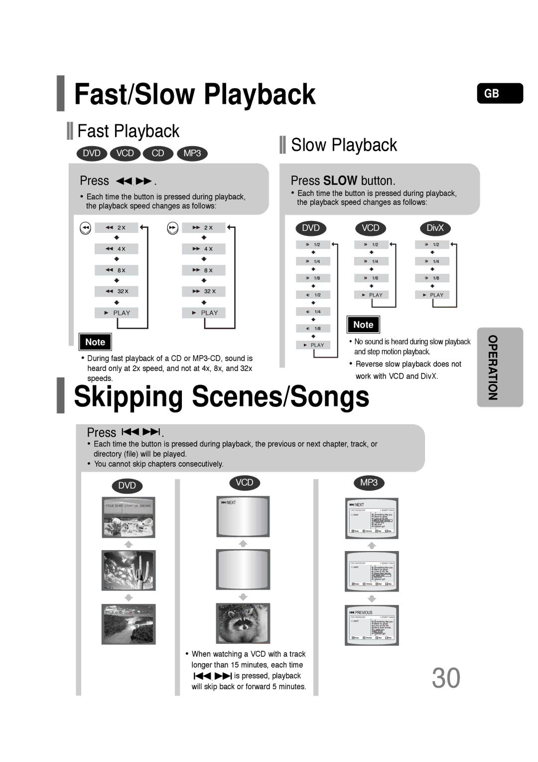 Samsung HT-TQ22R/XFO, HT-TQ22R/XFU, HT-Q20R/XFU manual Fast/Slow Playback, Skipping Scenes/Songs, Press Slow button 