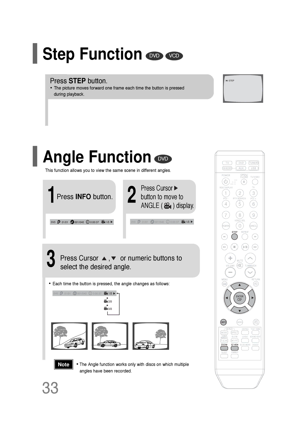 Samsung HT-TQ25R/XFO, HT-TQ22R/XFU, HT-Q20R/XFU Step Function DVD VCD, Angle Function DVD, Press Step button, Press Cursor 