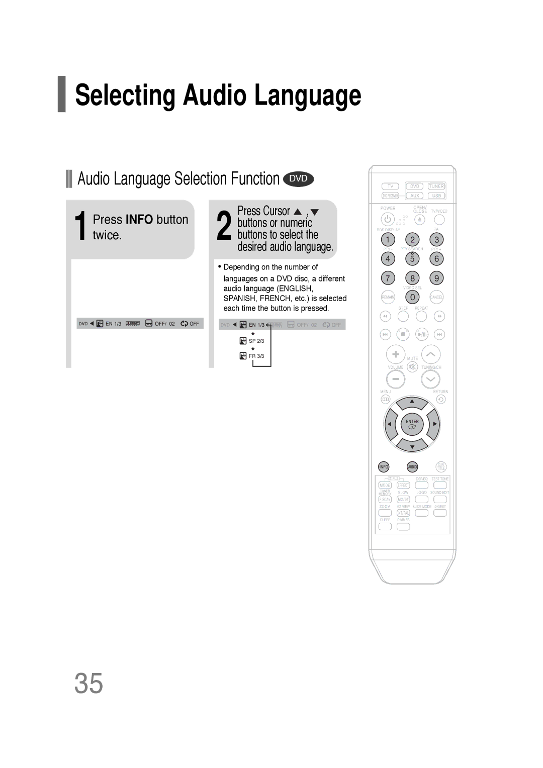 Samsung HT-TQ22R/XFU manual Selecting Audio Language, Audio Language Selection Function DVD, 1Press Info button twice 