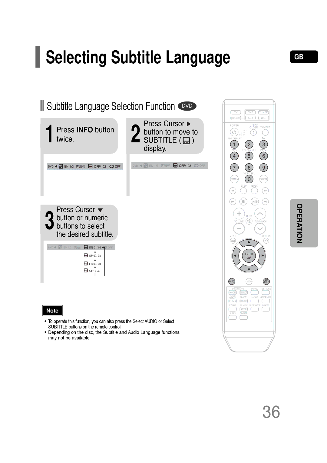 Samsung HT-Q20R/XFU, HT-TQ22R/XFU Selecting Subtitle Language, Subtitle Language Selection Function DVD, Desired subtitle 