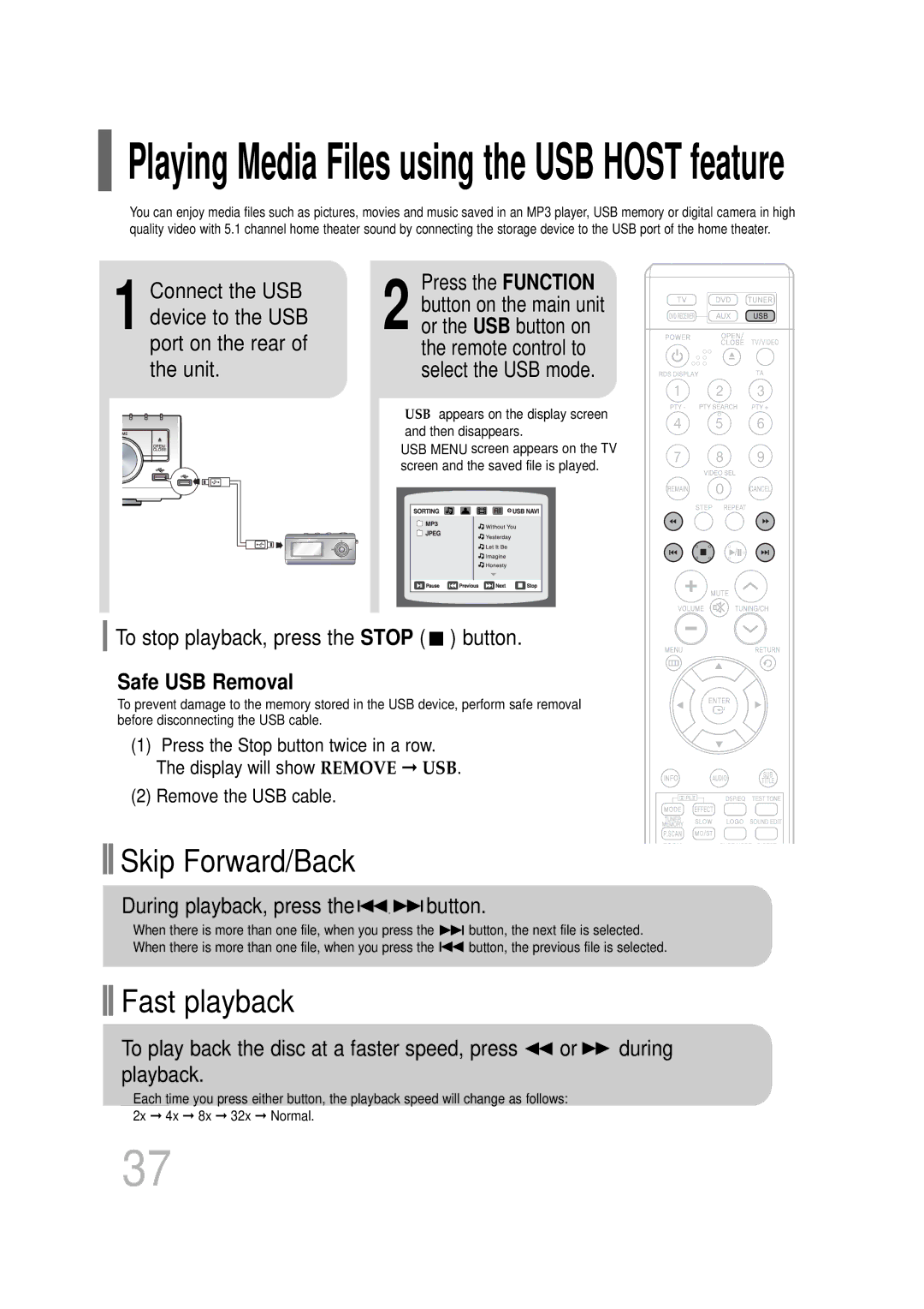 Samsung HT-TQ25R/XFO, HT-TQ22R/XFU manual Press the Function, To stop playback, press the Stop button, Safe USB Removal 