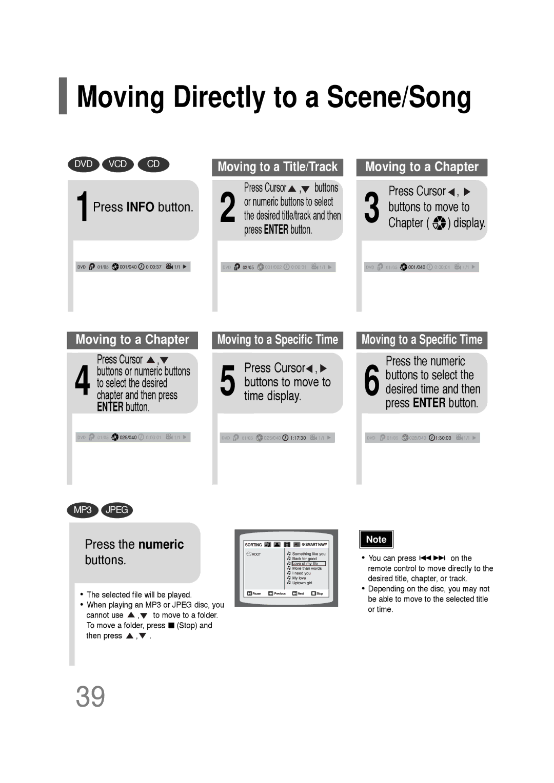 Samsung HT-TQ22R/XFU Moving Directly to a Scene/Song, 1Press Info button, Time display, Chapter display, Press the numeric 