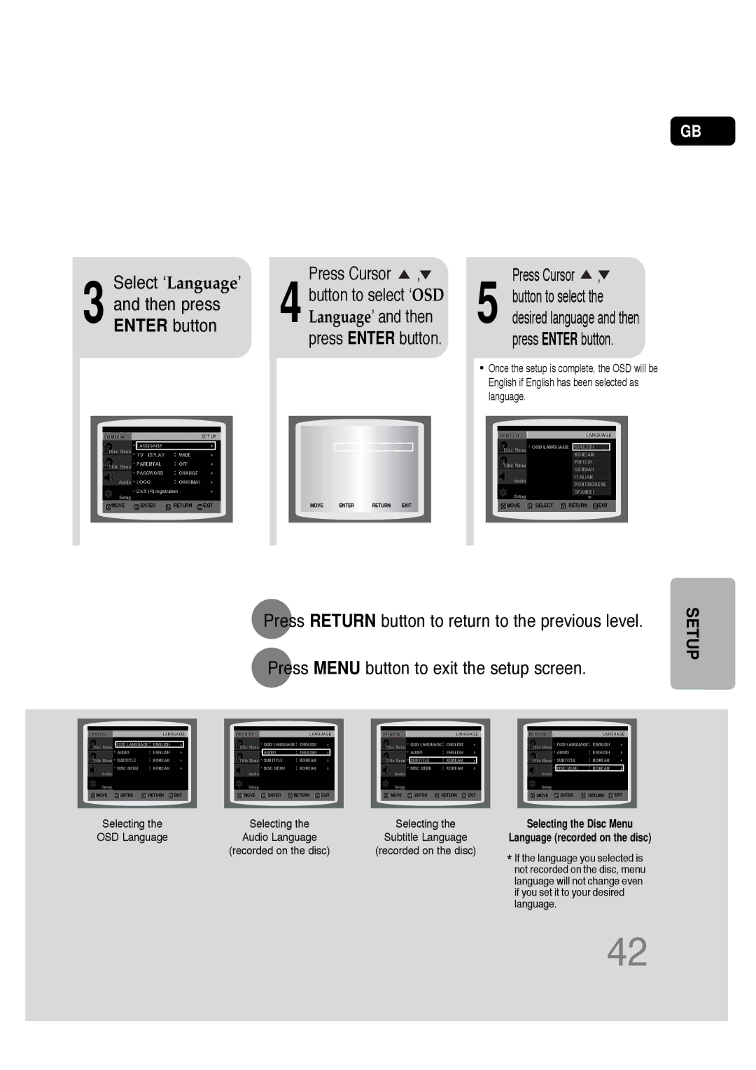 Samsung HT-TQ22R/XFO, HT-TQ22R/XFU, HT-Q20R/XFU, HT-TQ25R/XFO manual Select ‘Language’ Press Cursor, Then press, Enter button 