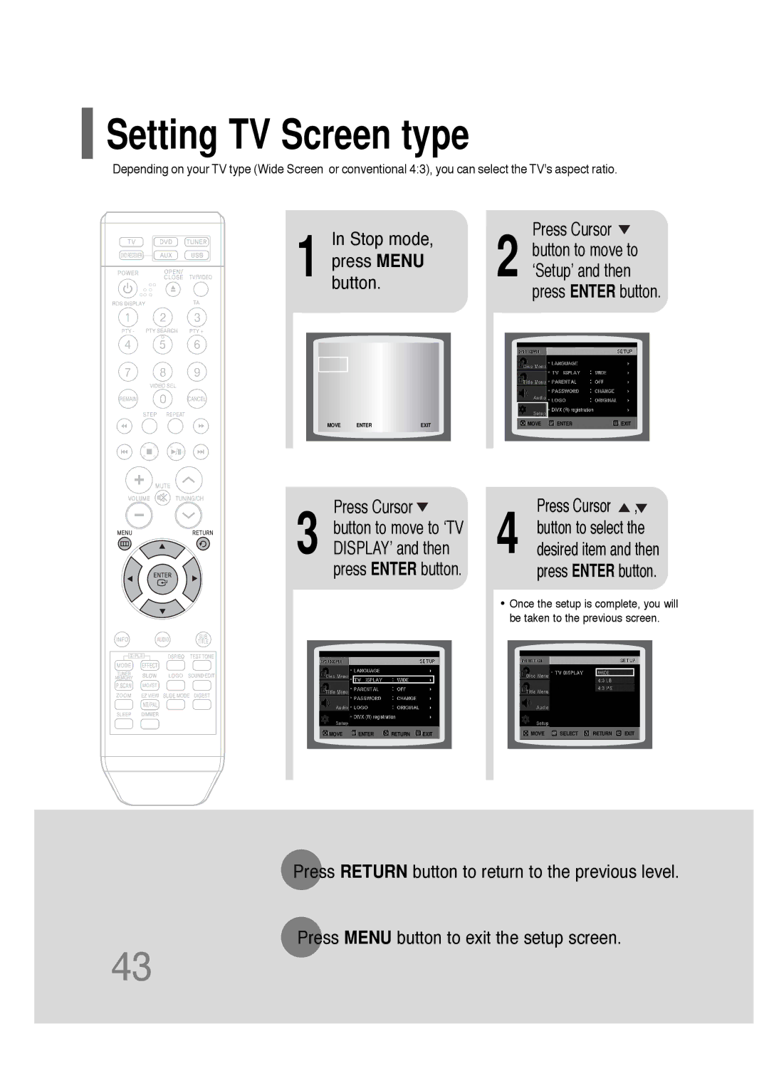 Samsung HT-TQ22R/XFU, HT-Q20R/XFU, HT-TQ25R/XFO, HT-TQ22R/XFO manual Setting TV Screen type, ‘Setup’ and then 