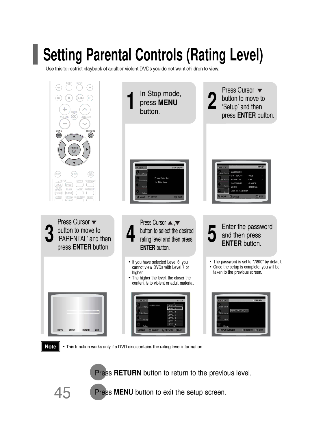 Samsung HT-TQ25R/XFO, HT-TQ22R/XFU, HT-Q20R/XFU Enter the password, Press Return button to return to the previous level 