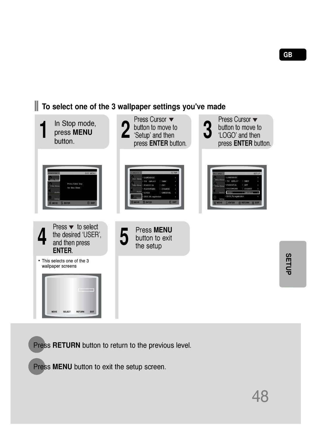 Samsung HT-Q20R/XFU manual To select one of the 3 wallpaper settings youve made, Stop mode Press Cursor Button to move to 