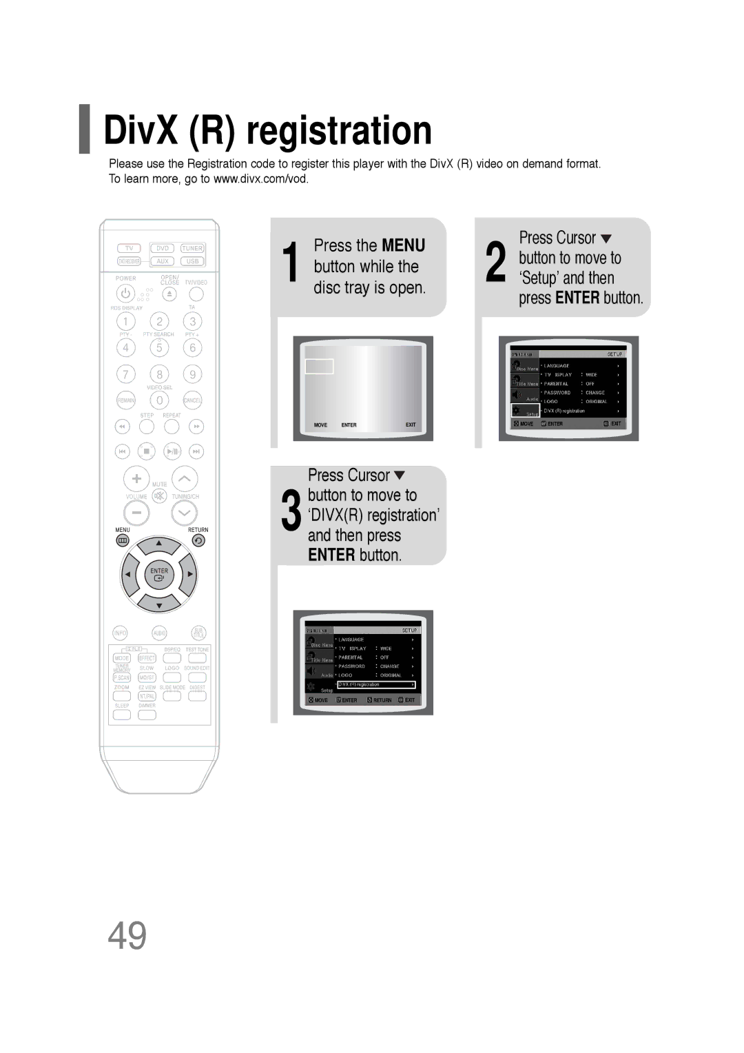 Samsung HT-TQ25R/XFO, HT-TQ22R/XFU manual DivX R registration, Press the Menu Press Cursor, Button while, Disc tray is open 