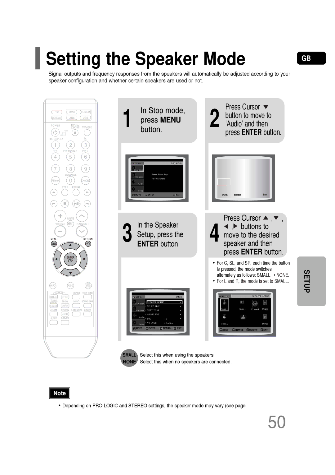 Samsung HT-TQ22R/XFO, HT-TQ22R/XFU, HT-Q20R/XFU, HT-TQ25R/XFO manual Setting the Speaker Mode 