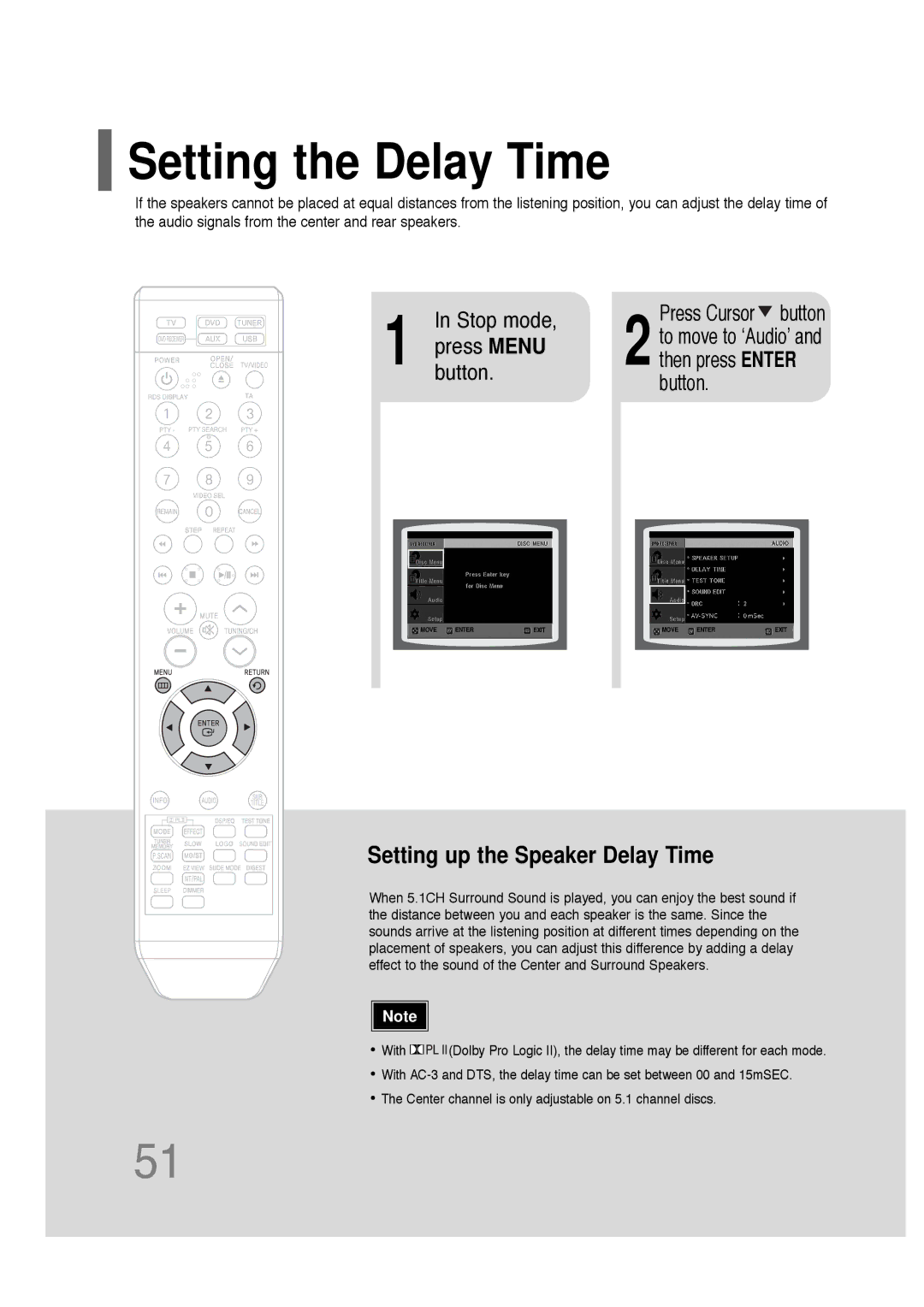 Samsung HT-TQ22R/XFU, HT-Q20R/XFU manual Setting the Delay Time, Setting up the Speaker Delay Time, Press Cursor button 