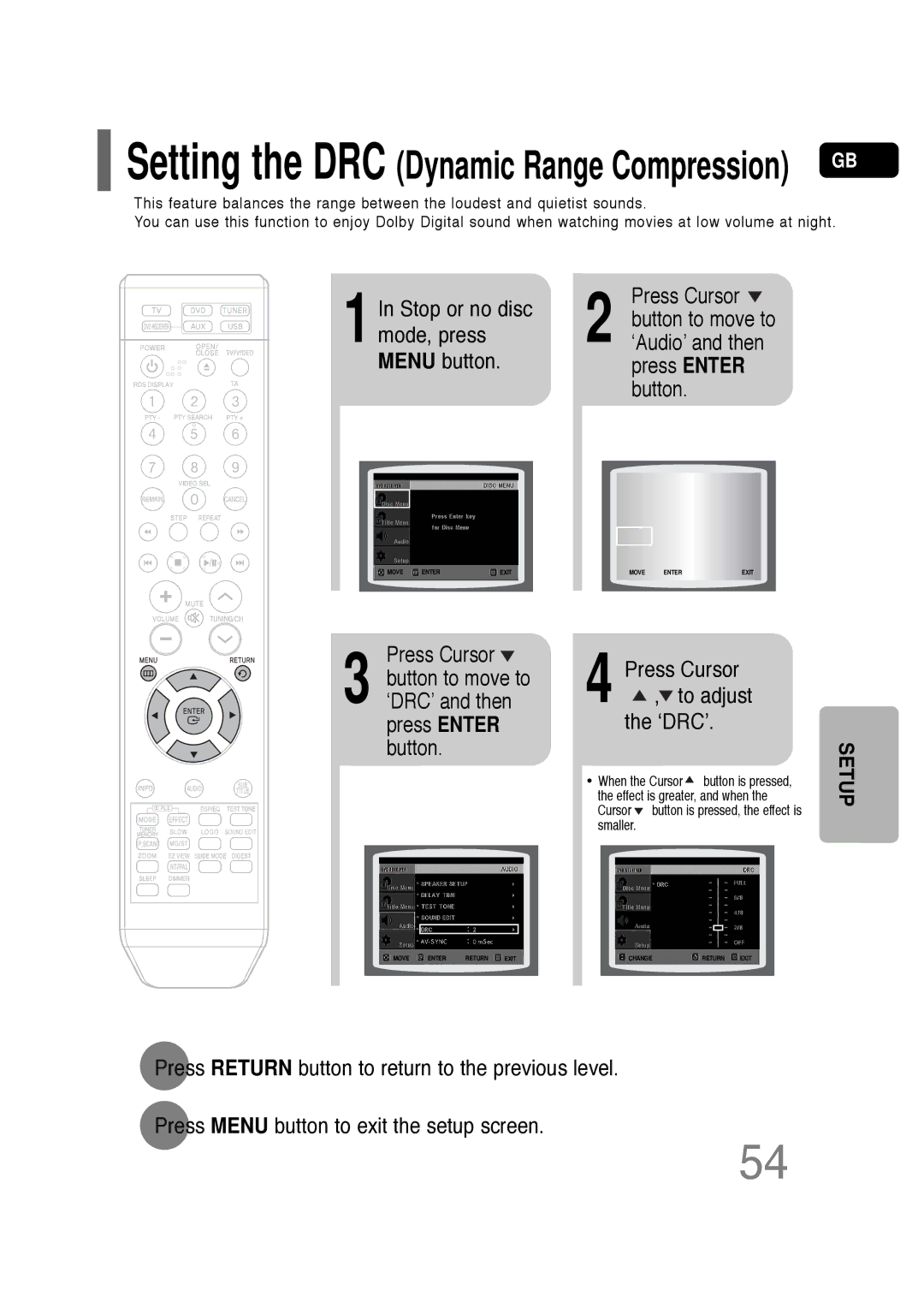 Samsung HT-TQ22R/XFO, HT-TQ22R/XFU, HT-Q20R/XFU, HT-TQ25R/XFO manual Setting the DRC Dynamic Range Compression GB, ‘Drc’ 