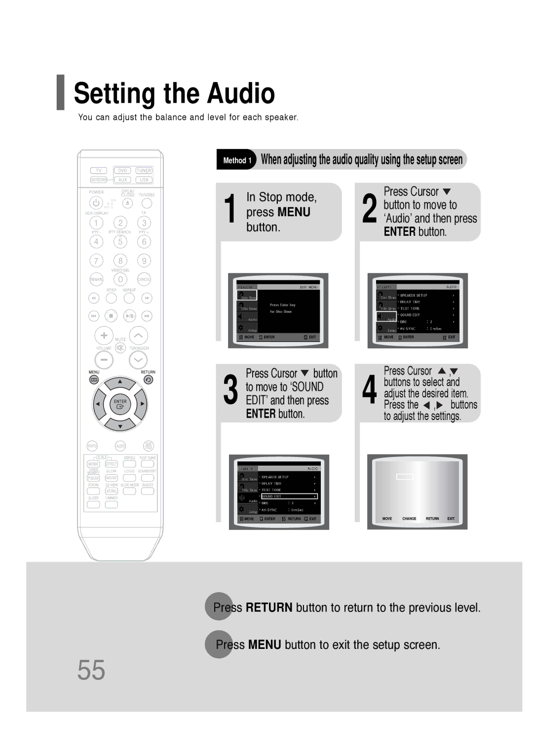 Samsung HT-TQ22R/XFU, HT-Q20R/XFU, HT-TQ25R/XFO, HT-TQ22R/XFO manual Setting the Audio, Enter button 