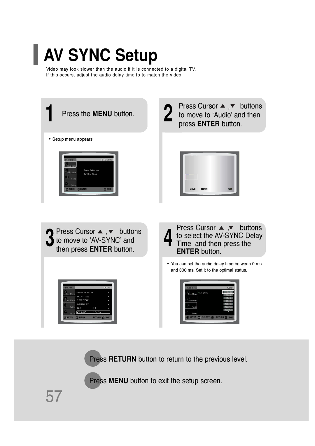 Samsung HT-TQ25R/XFO, HT-TQ22R/XFU, HT-Q20R/XFU, HT-TQ22R/XFO manual AV Sync Setup, Press Enter button 