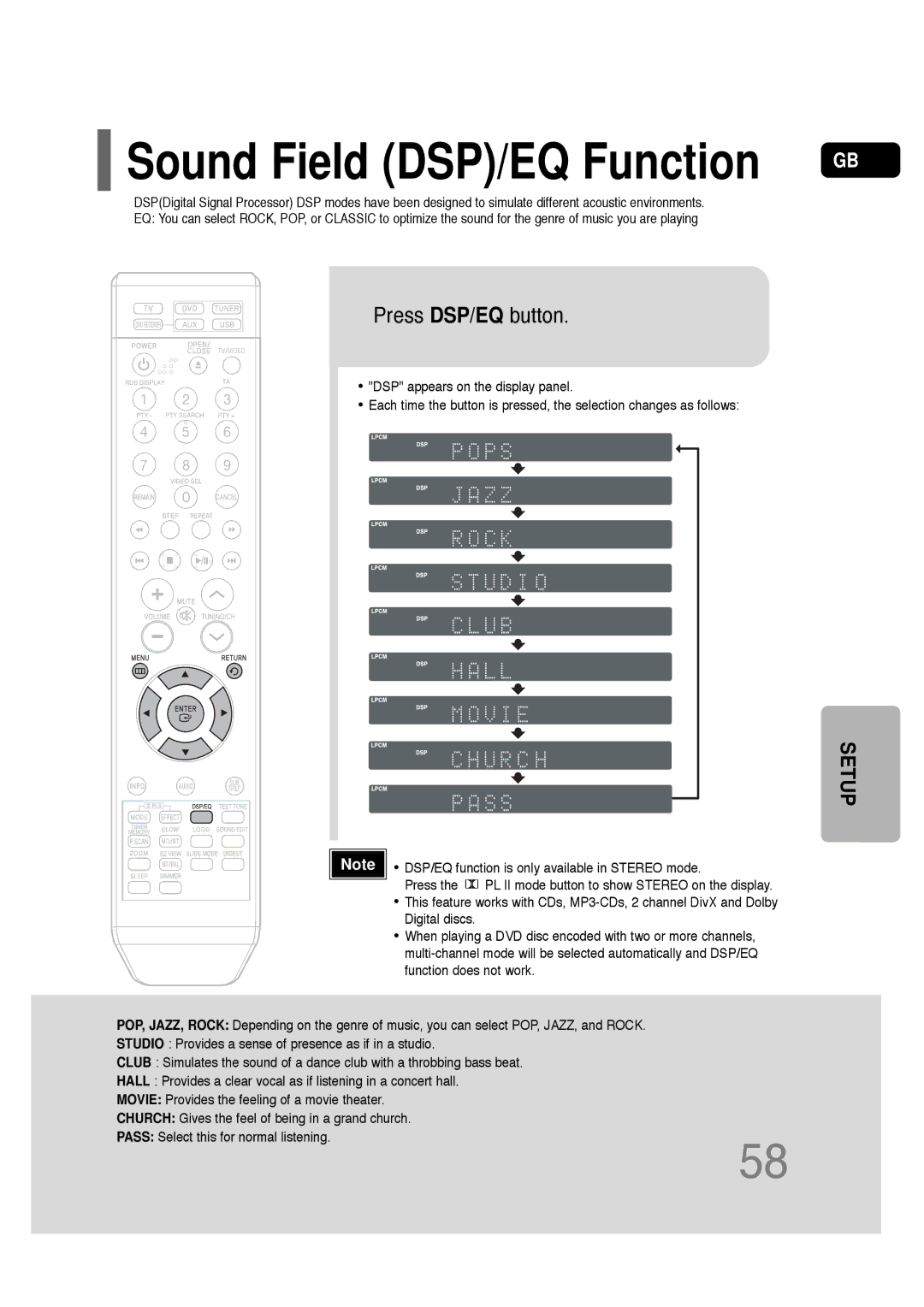 Samsung HT-TQ22R/XFO, HT-TQ22R/XFU, HT-Q20R/XFU, HT-TQ25R/XFO manual Sound Field DSP/EQ Function, Press DSP/EQ button 