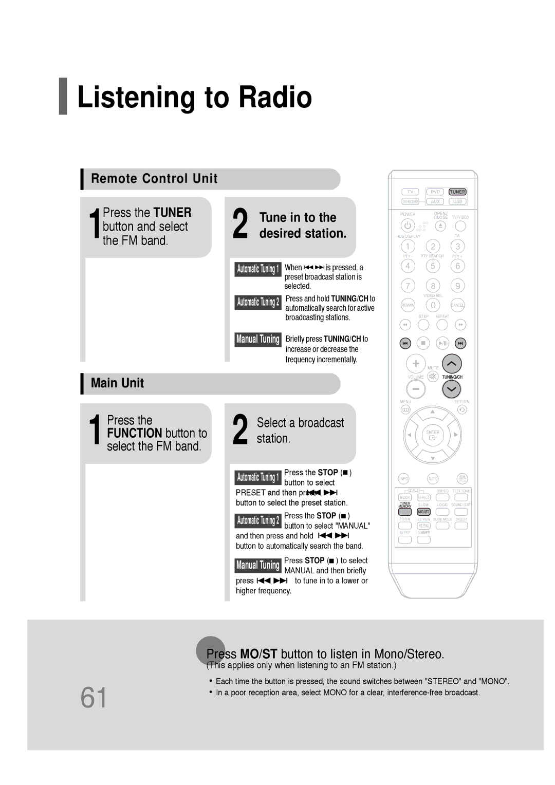 Samsung HT-TQ25R/XFO manual Listening to Radio, Remote Control Unit, Main Unit, Press MO/ST button to listen in Mono/Stereo 