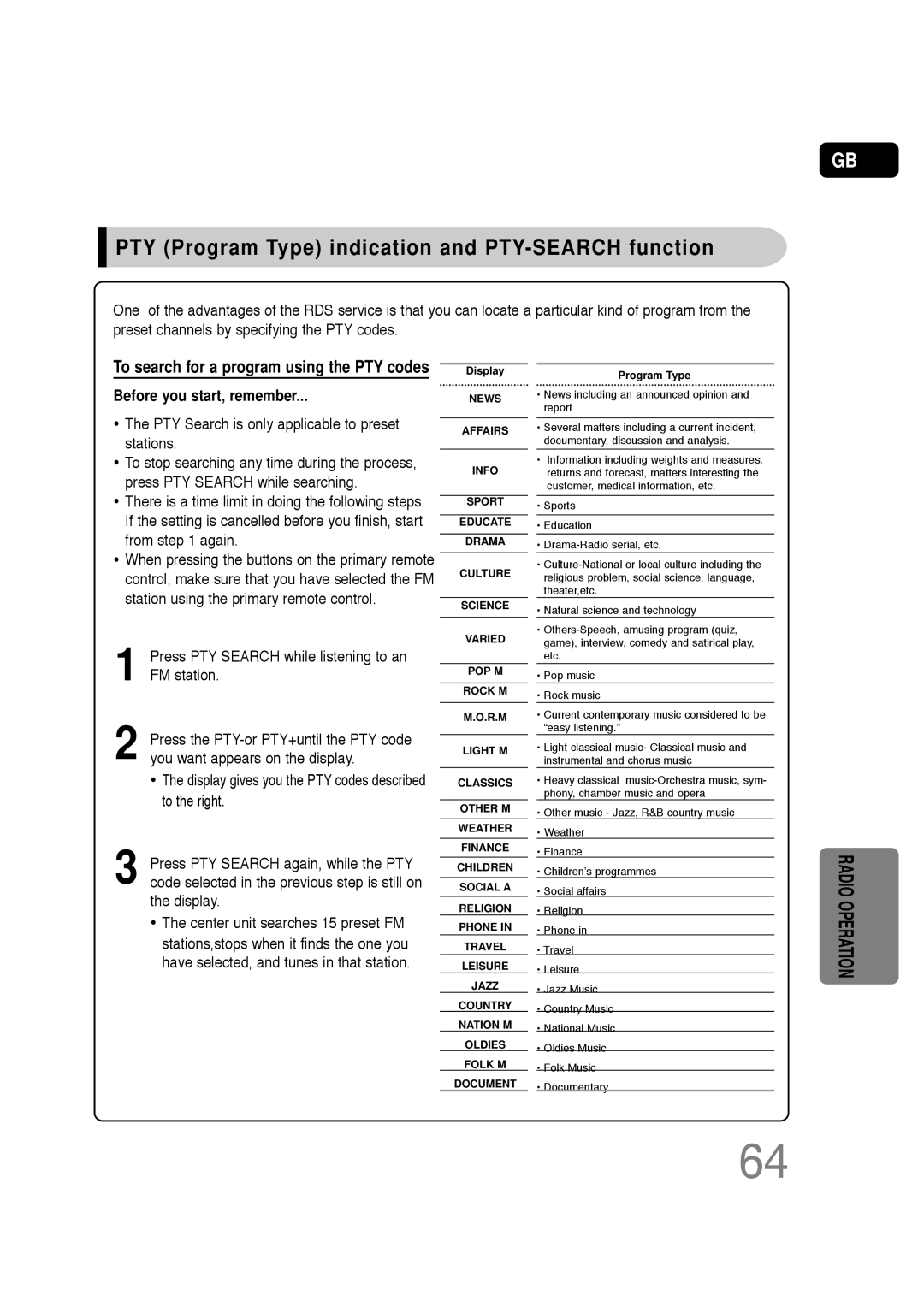 Samsung HT-Q20R/XFU, HT-TQ22R/XFU manual PTY Program Type indication and PTY-SEARCH function, Before you start, remember 