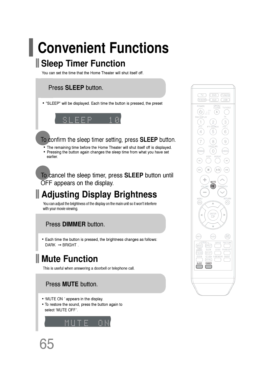 Samsung HT-TQ25R/XFO Convenient Functions, Press Sleep button, To confirm the sleep timer setting, press Sleep button 