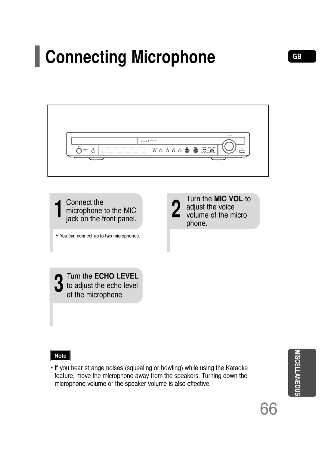 Samsung HT-TQ22R/XFO, HT-TQ22R/XFU manual Connecting Microphone, 1Connect the microphone to the MIC jack on the front panel 