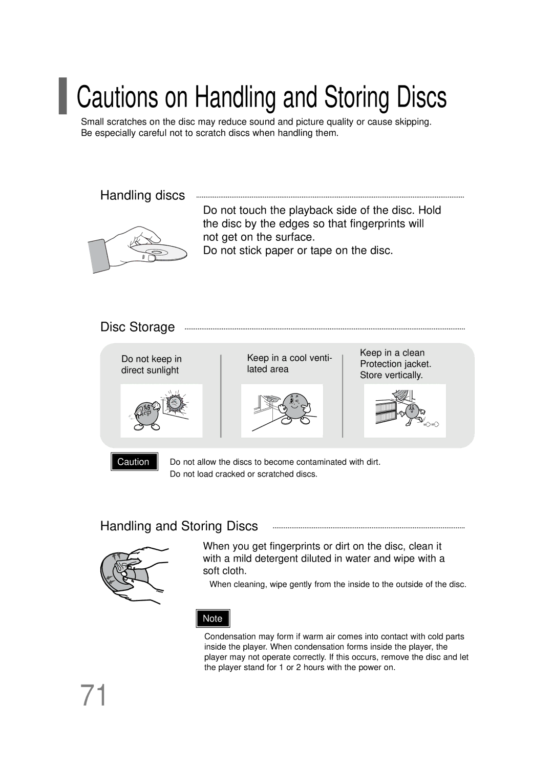 Samsung HT-TQ22R/XFU, HT-Q20R/XFU Handling discs Disc Storage, Handling and Storing Discs, Do not keep in direct sunlight 