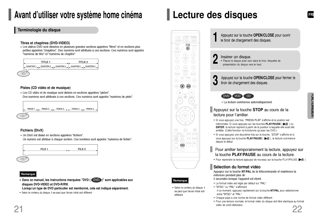 Samsung HT-TQ25R/ELS manual Lecture des disques, Terminologie du disque, Insérer un disque, Sélection du format vidéo 