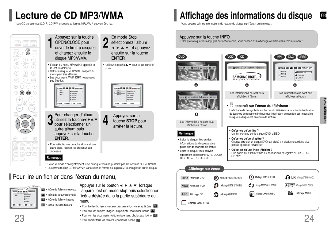 Samsung HT-Q20R/ELS, HT-TQ25R/ELS manual Lecture de CD MP3/WMA, Disque MP3/WMA, Apparaît sur l’écran du téléviseur 