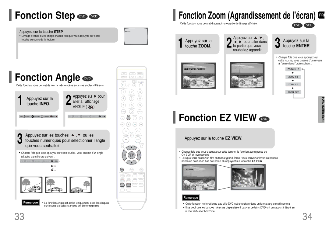 Samsung HT-TQ25R/ELS, HT-Q20R/ELS Fonction Step DVD VCD, Fonction Angle DVD, Touche Enter, Appuyez sur la touche EZ View 