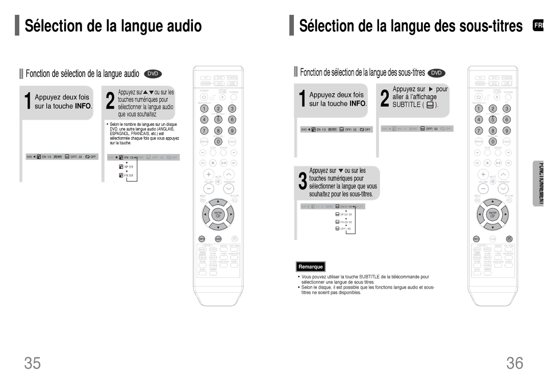 Samsung HT-Q20R/ELS, HT-TQ25R/ELS manual Sélection de la langue audio, Fonction de sélection de la langue audio DVD 