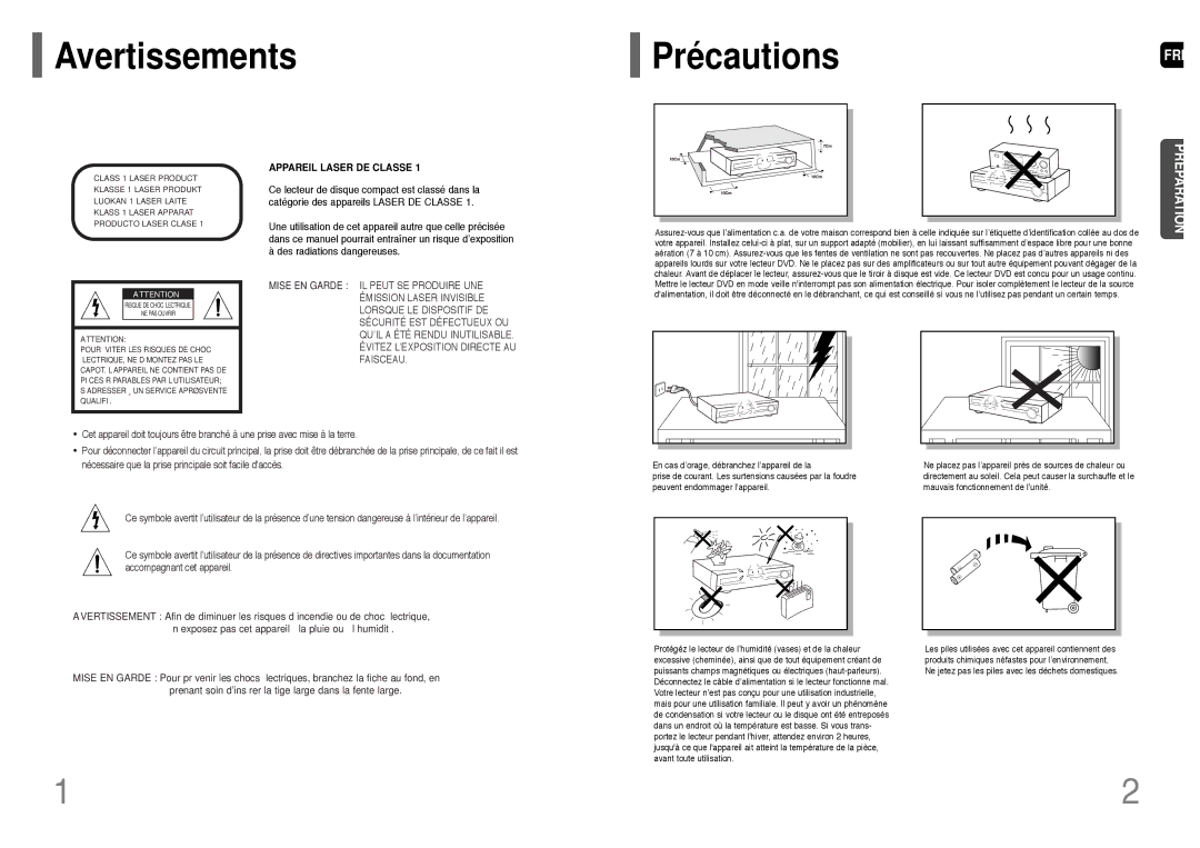 Samsung HT-TQ25R/ELS, HT-Q20R/ELS manual Avertissements PrécautionsFRE, Appareil Laser DE Classe 