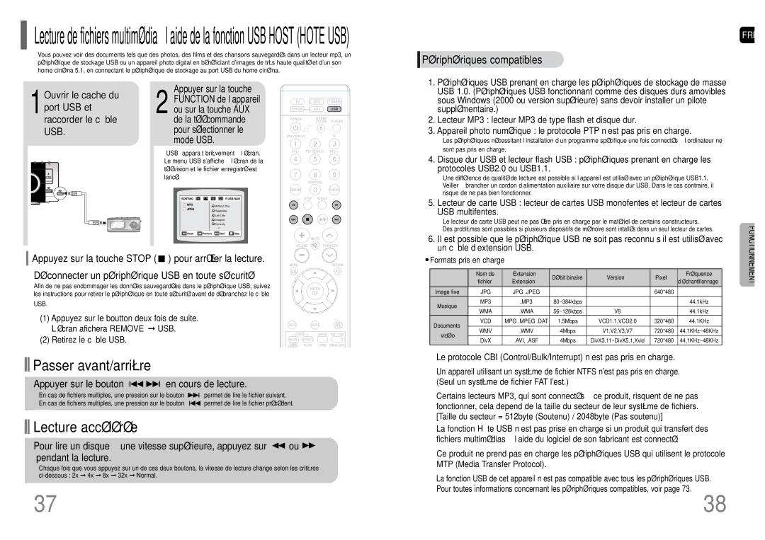 Samsung HT-TQ25R/ELS 1Ouvrir le cache du port USB et raccorder le câble USB, Appuyer sur le bouton en cours de lecture 