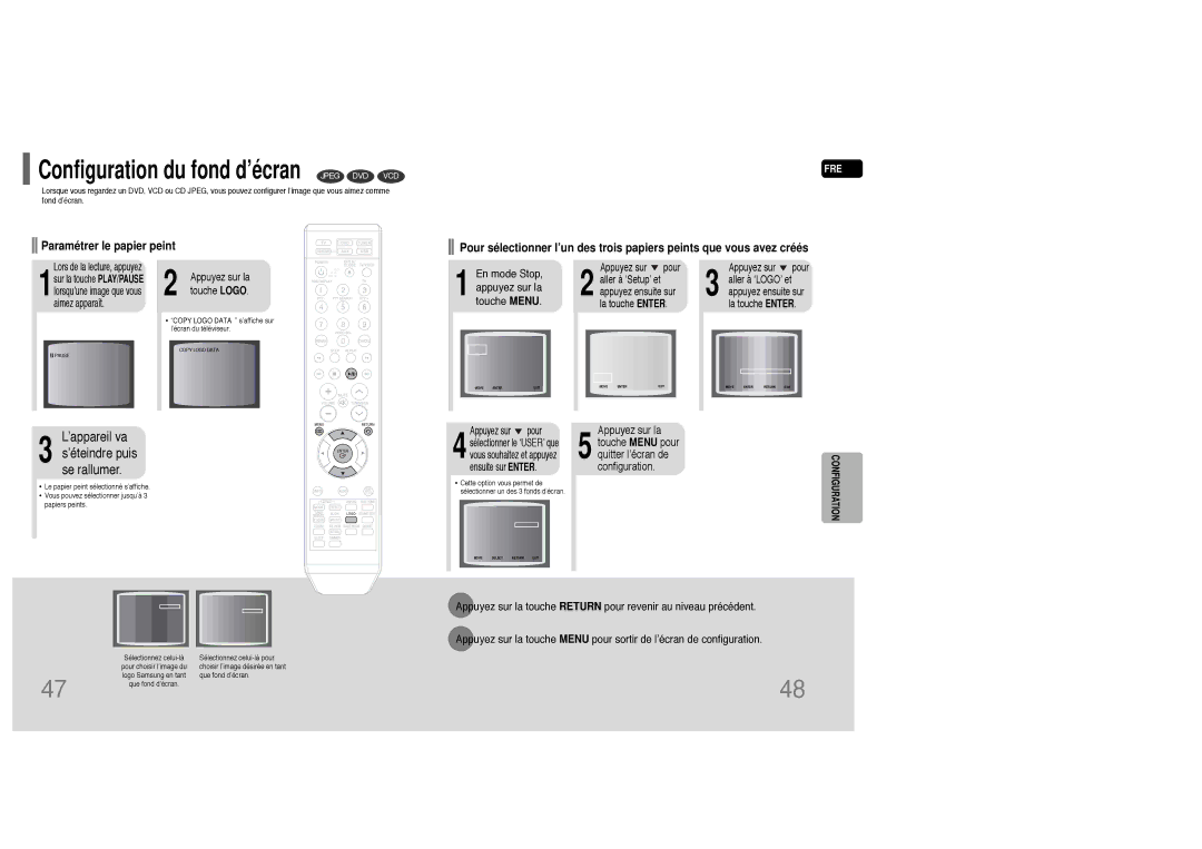 Samsung HT-Q20R/ELS, HT-TQ25R/ELS manual Configuration du fond d’écran Jpeg DVD VCD 