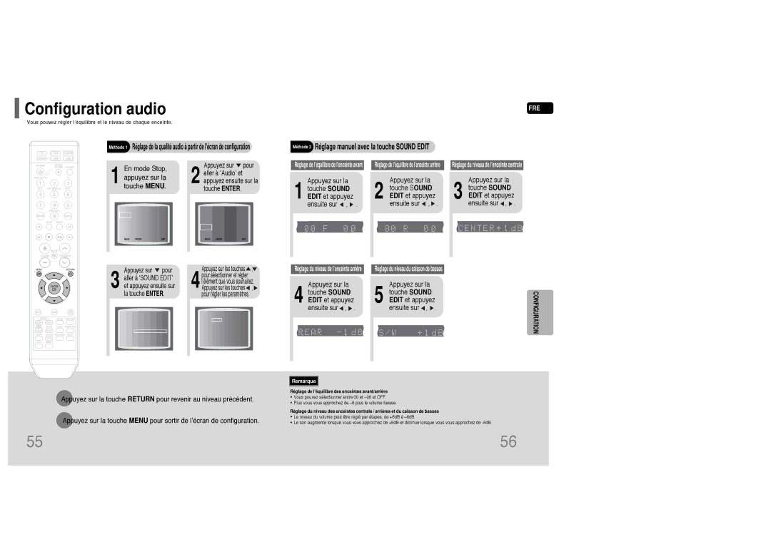 Samsung HT-Q20R/ELS, HT-TQ25R/ELS manual Configuration audio, Appuyez sur la Touche Sound Edit et appuyez Ensuite sur 