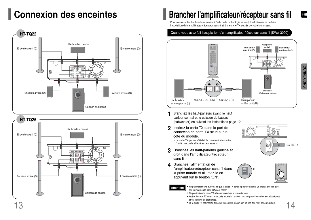 Samsung HT-TQ25R/ELS, HT-Q20R/ELS manual Brancher lamplificateur/récepteur sans fil 