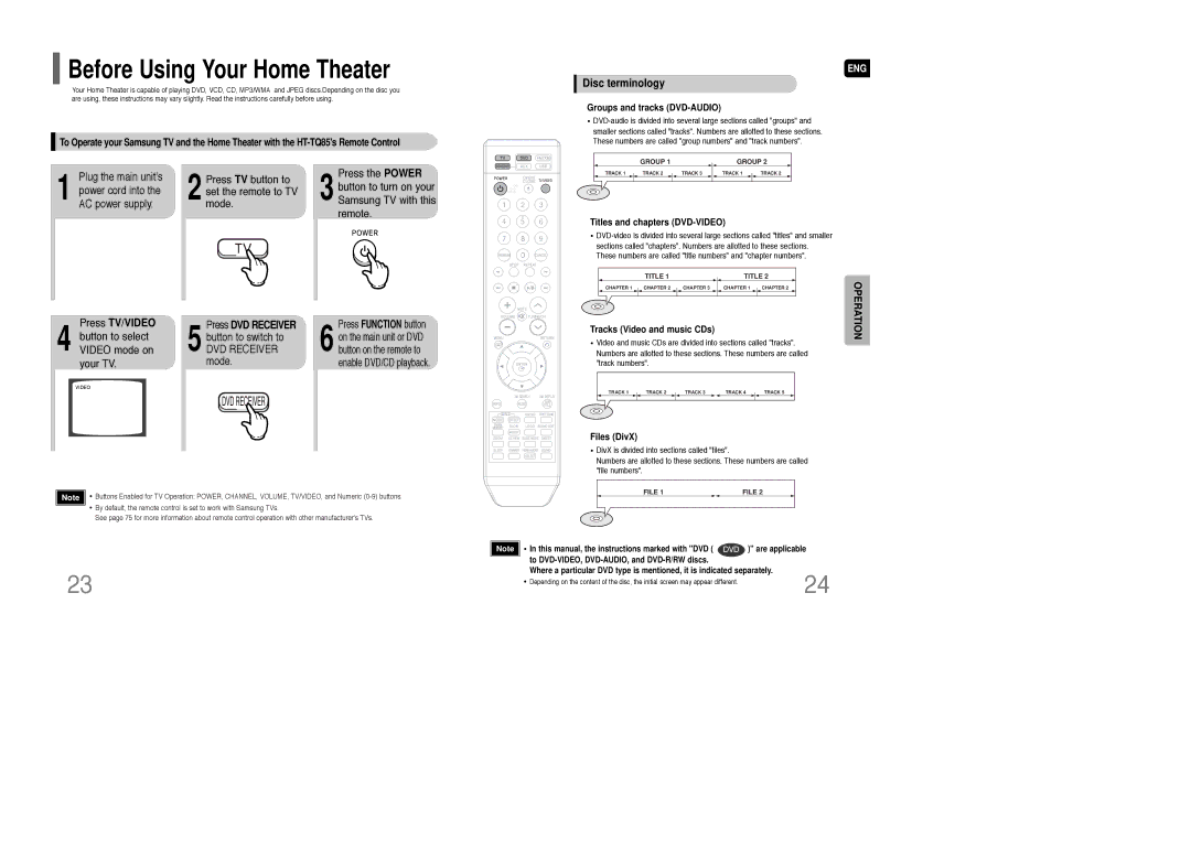 Samsung HT-TQ85 instruction manual Power, Press TV/VIDEO, Disc terminology 