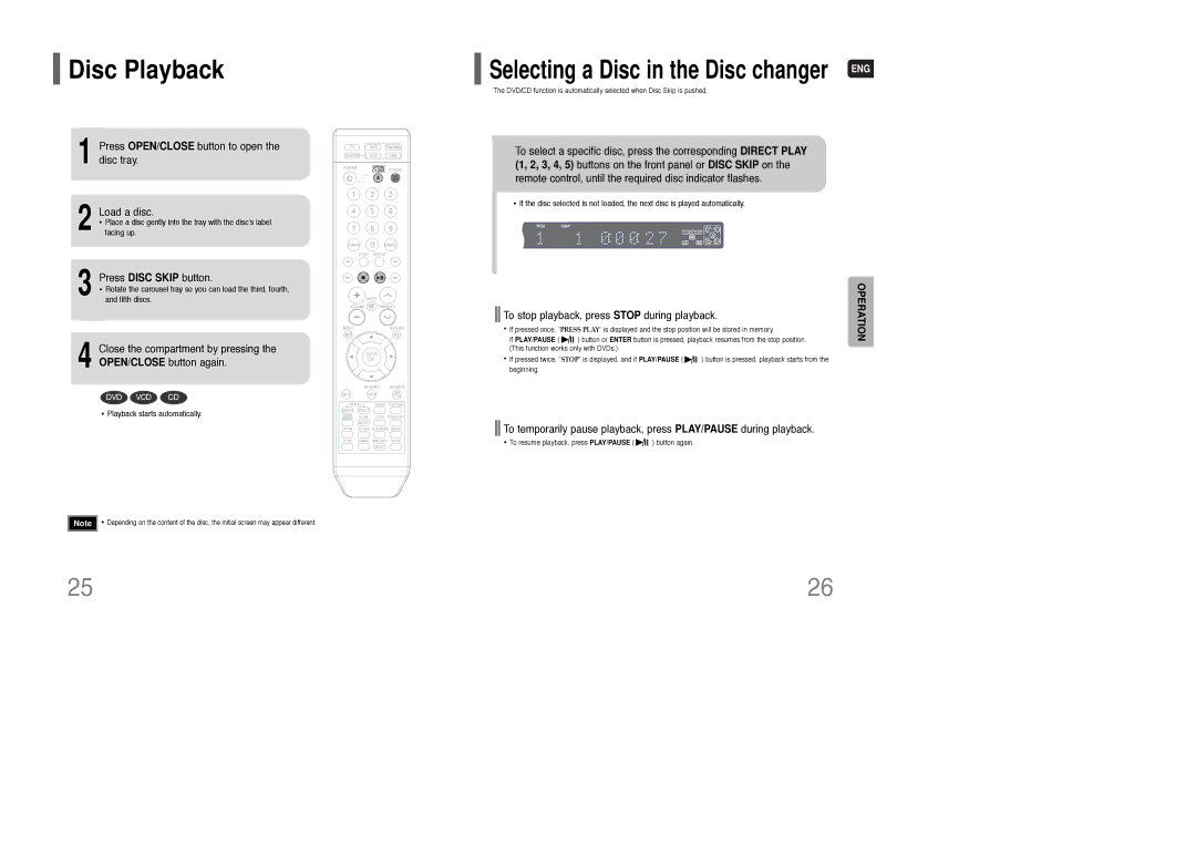 Samsung HT-TQ85 Disc Playback, Press OPEN/CLOSE button to open the disc tray Load a disc, Press Disc Skip button 