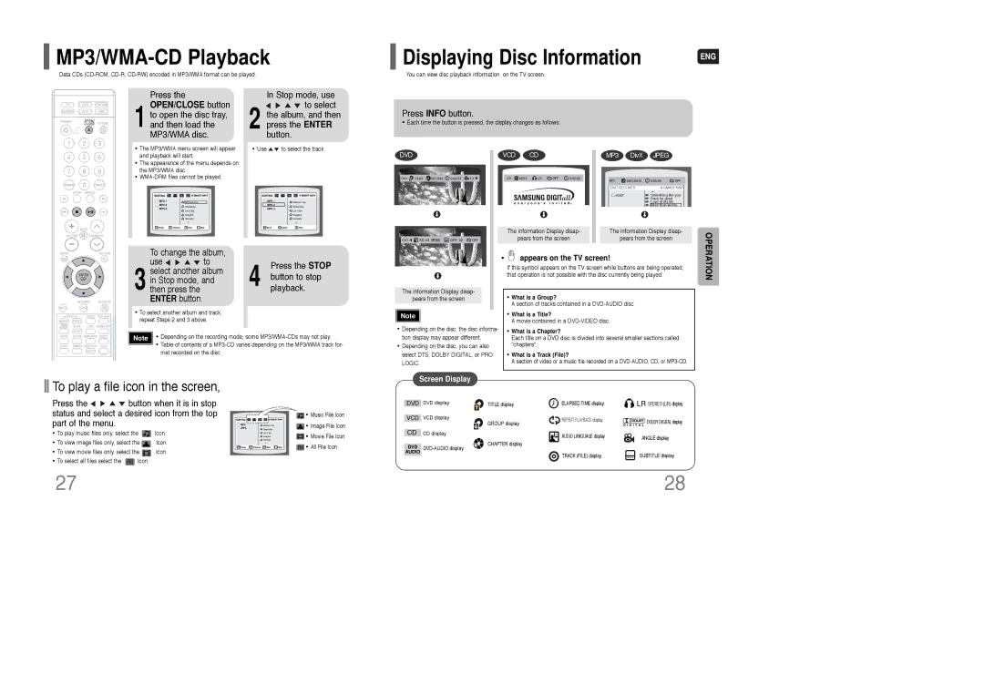 Samsung HT-TQ85 instruction manual MP3/WMA-CD Playback 