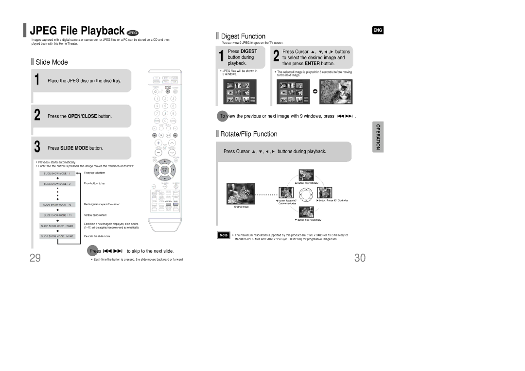 Samsung HT-TQ85 instruction manual Jpeg File Playback Jpeg, Press the OPEN/CLOSE button Press Slide Mode button 