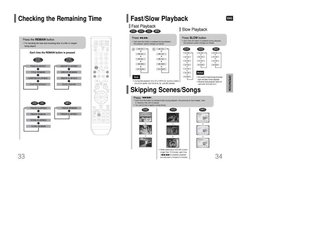 Samsung HT-TQ85 instruction manual Fast/Slow Playback, Skipping Scenes/Songs, Press the Remain button, Press Slow button 