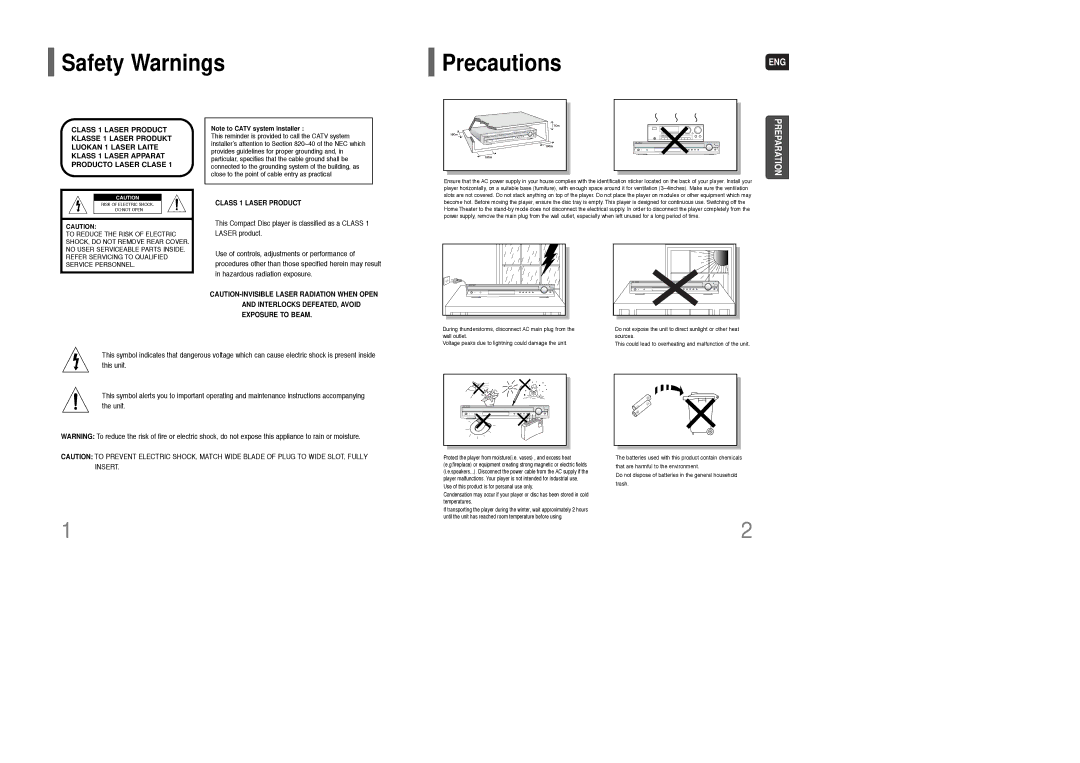 Samsung HT-TQ85 instruction manual Safety Warnings PrecautionsENG, Class 1 Laser Product 