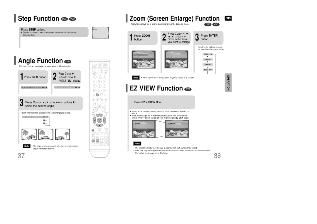 Samsung HT-TQ85 instruction manual Step Function DVD VCD, Angle Function DVD, EZ View Function DVD 