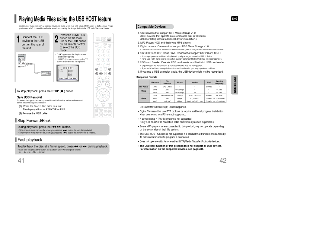 Samsung HT-TQ85 Playing Media Files using the USB Host feature, To stop playback, press the Stop button, Safe USB Removal 