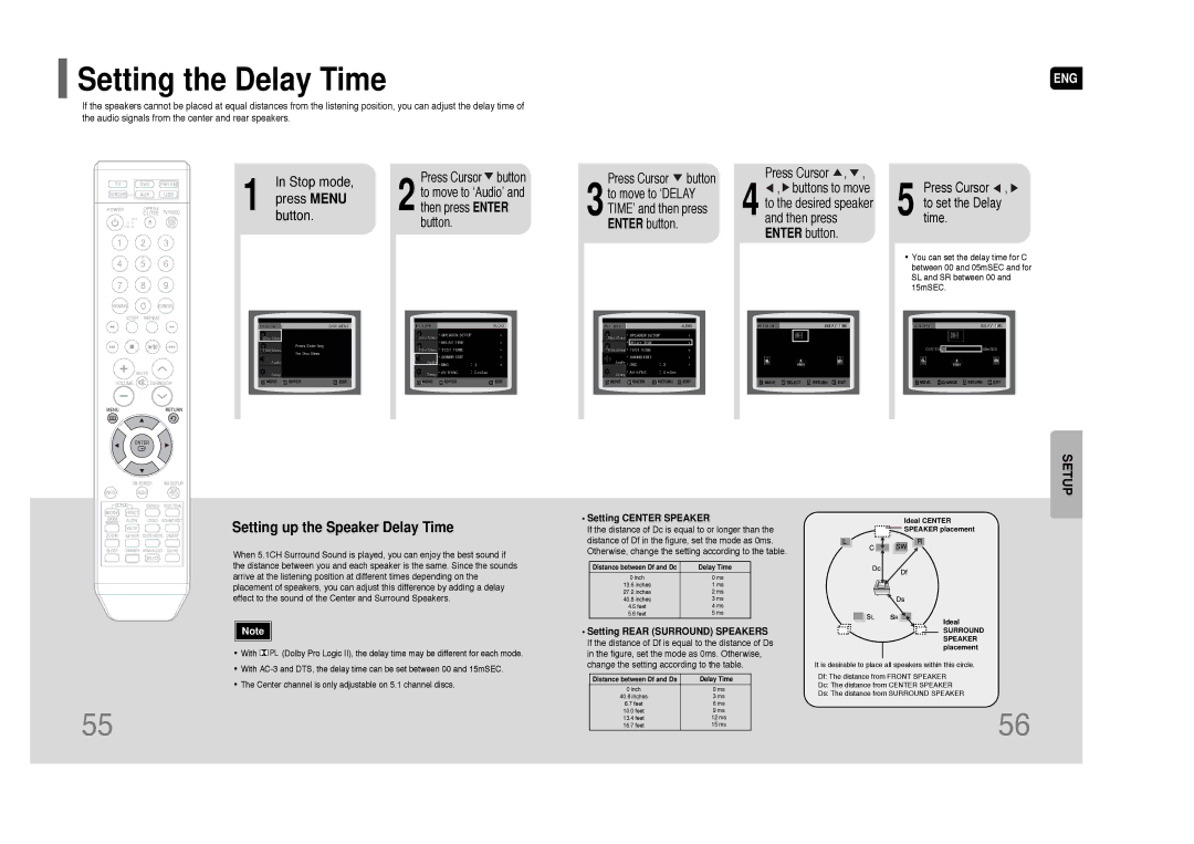 Samsung HT-TQ85 instruction manual Setting the Delay Time, Setting Center Speaker, Setting Rear Surround Speakers 