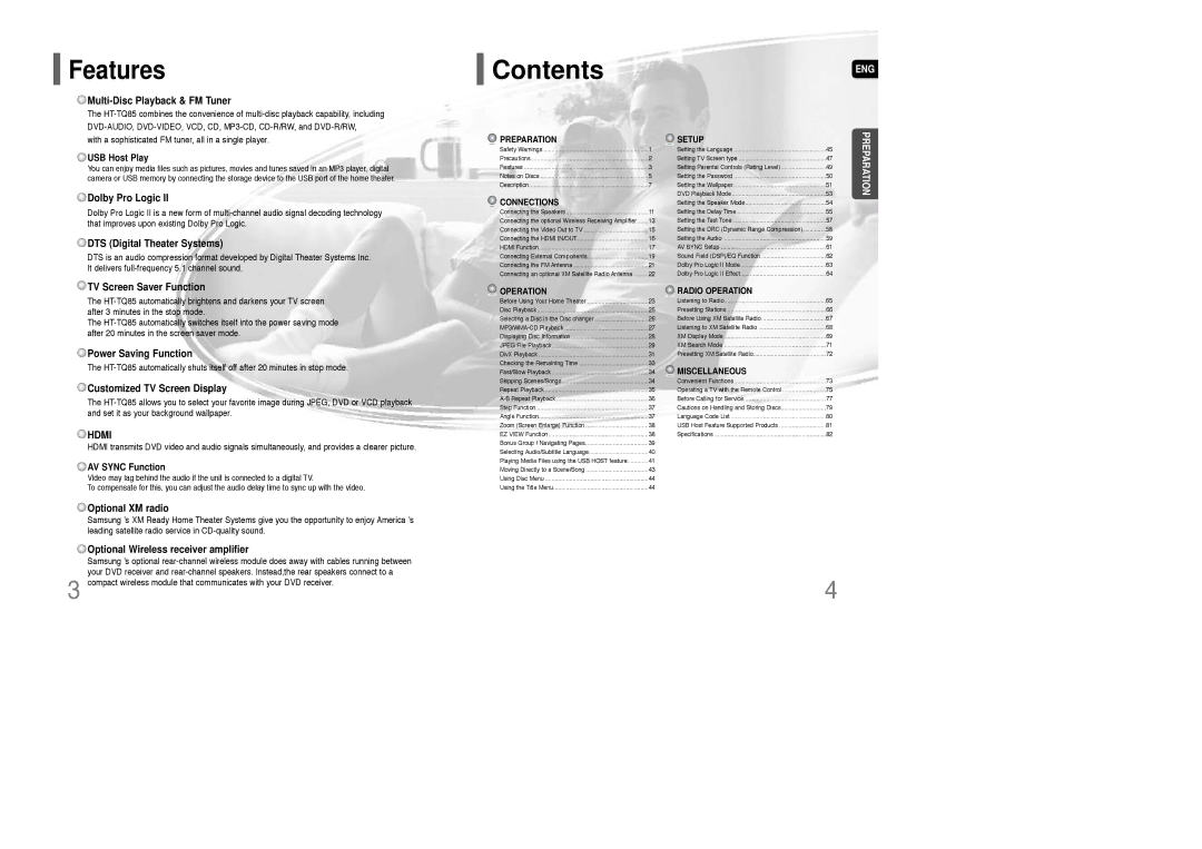 Samsung HT-TQ85 instruction manual Contents 