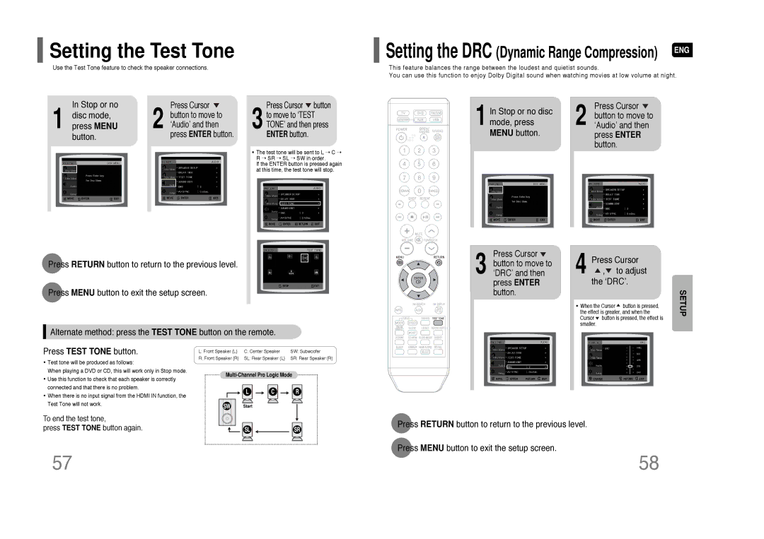 Samsung HT-TQ85 instruction manual Setting the Test Tone, Disc mode, Stop or no disc mode, press Menu button 