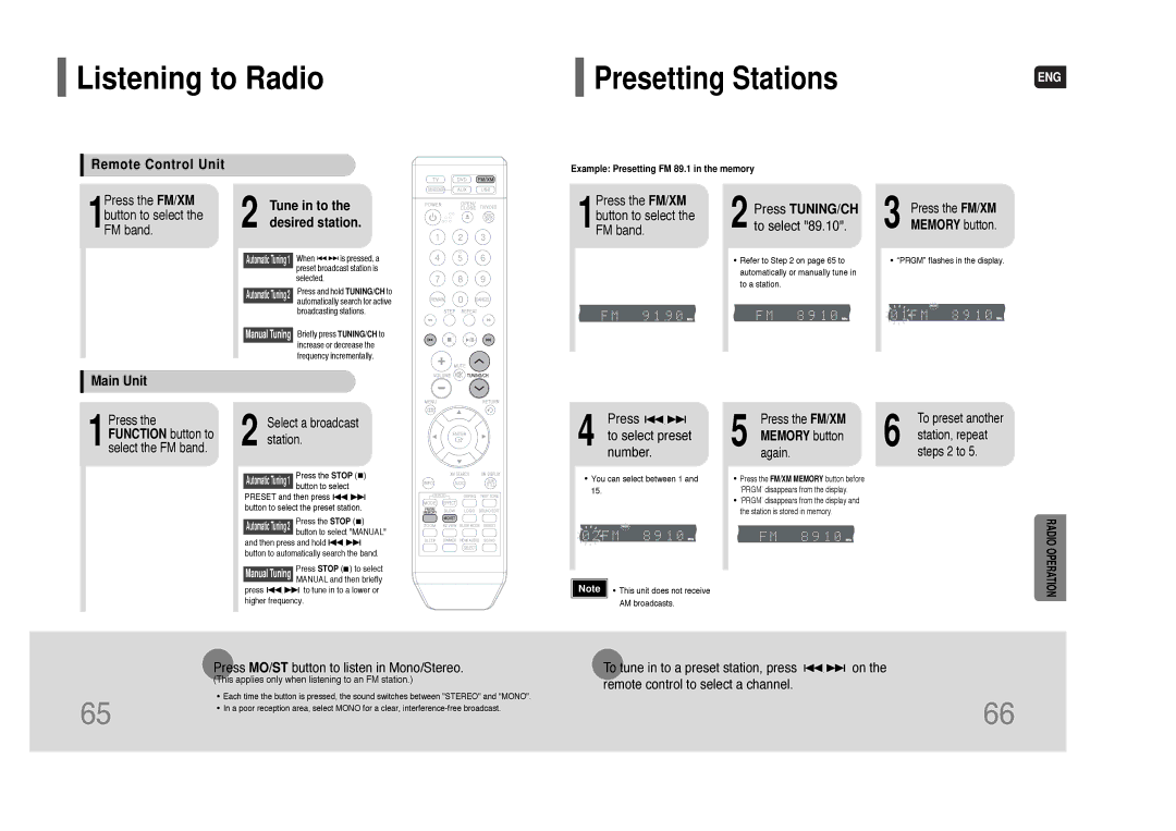 Samsung HT-TQ85 instruction manual Listening to Radio, Presetting Stations, To select, Press to select preset number 