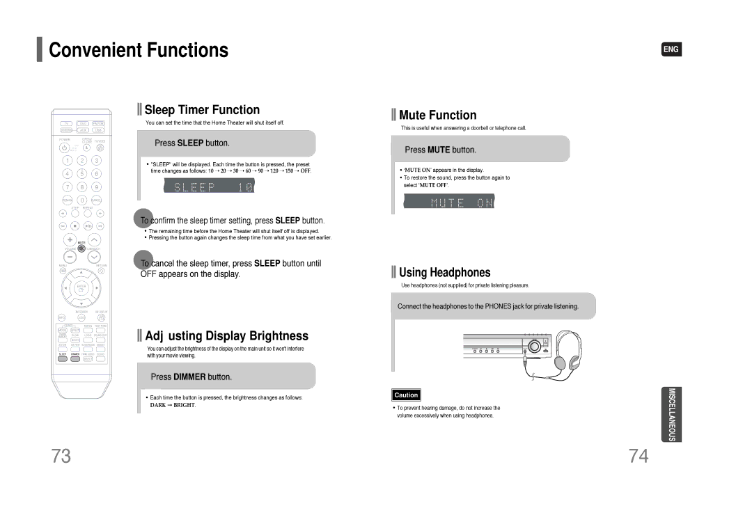 Samsung HT-TQ85 instruction manual Convenient Functions, Press Sleep button, Press Dimmer button, Press Mute button 