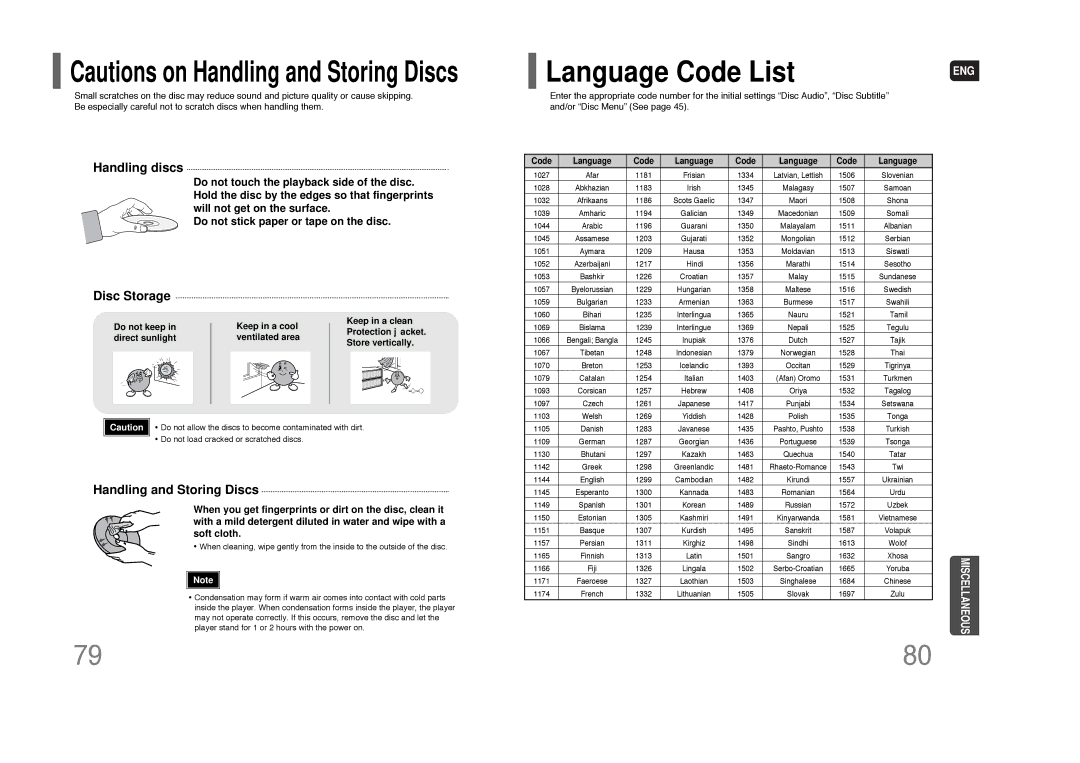 Samsung HT-TQ85 Language Code List, Handling discs, Disc Storage, Handling and Storing Discs, Code Language 