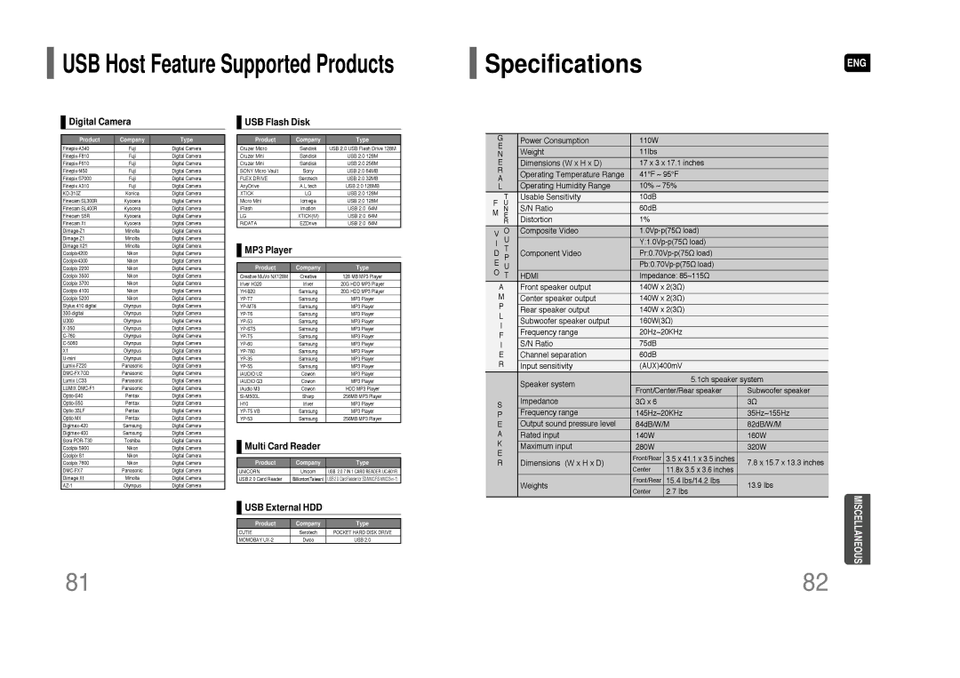 Samsung HT-TQ85 instruction manual SpecificationsENG 